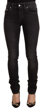 Black Washed Mid Waist Cotton Denim Skinny Jeans