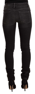 Black Washed Mid Waist Cotton Denim Skinny Jeans