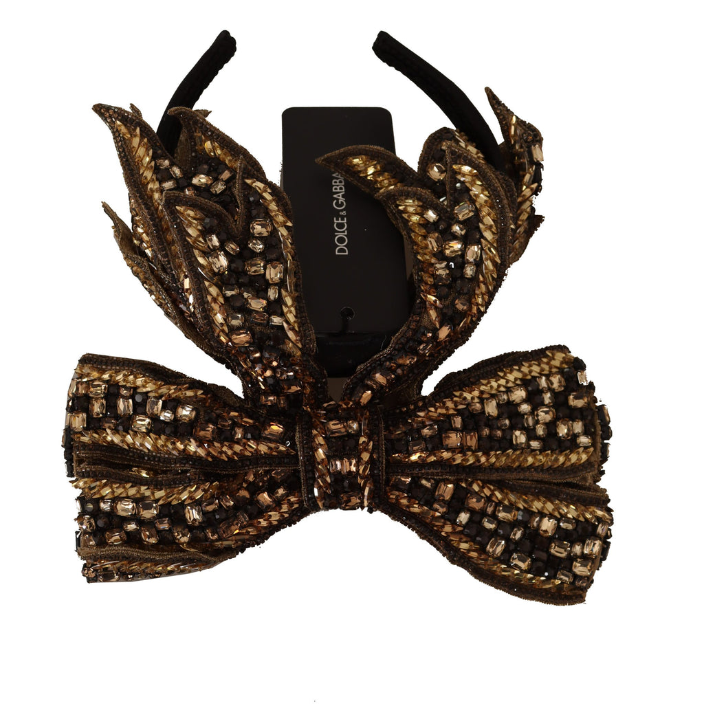 Gold Crystal Beaded Sequined Silk Bow Headband Diadem