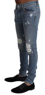 Light Blue Tattered Cotton Denim Skinny Jeans