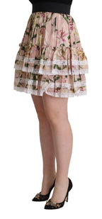 Pink Lily Print Silk Mini Tiered A-line Skirt