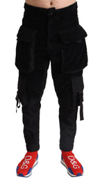 Black Cotton Skinny Corduroy Cargo Pants