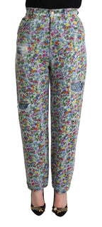 Blue Floral Print High Waist Denim Tapered Jeans