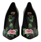 Black Leather Roses High Heels Pumps Shoes