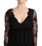 Black Floral Lace Cotton Long Sleeves V-neck Shift Dress