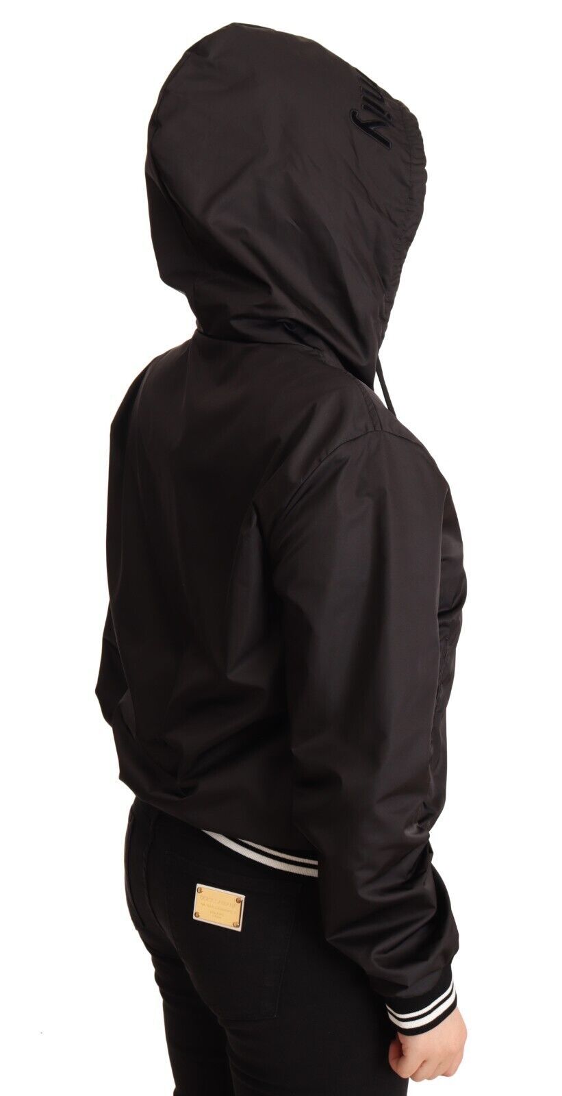 Black Polyester Hooded Bomber Full Zip Jacket