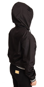 Black Polyester Hooded Bomber Full Zip Jacket