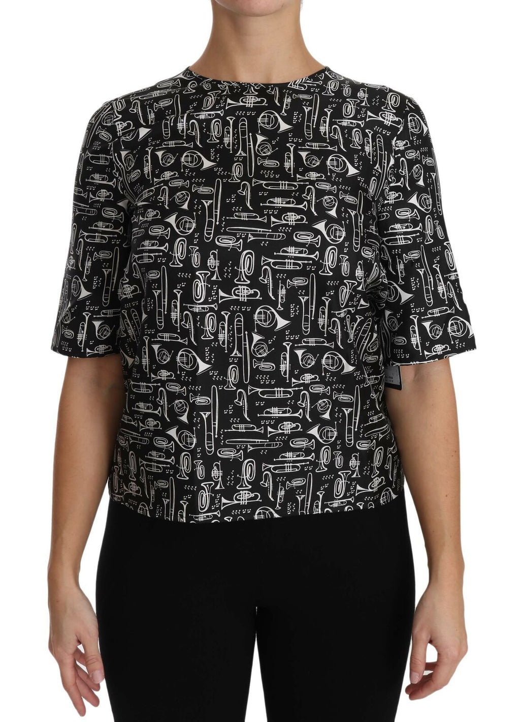 Black Musical Instruments Print Silk Blouse