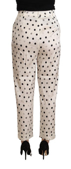 White Polka Dotted High Waist Tapered Pants
