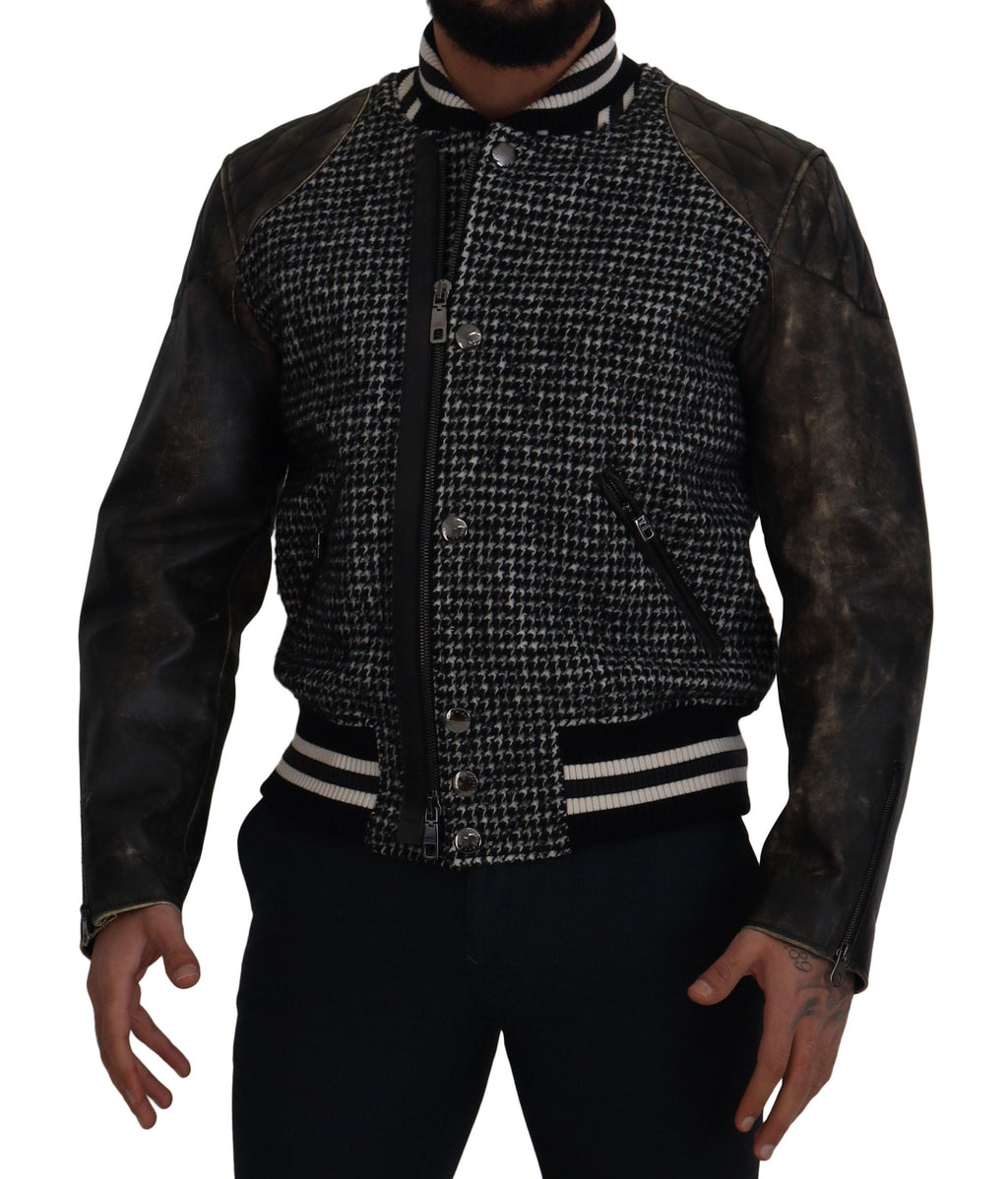 Black Houndstooth Polyester Bomber Jacket