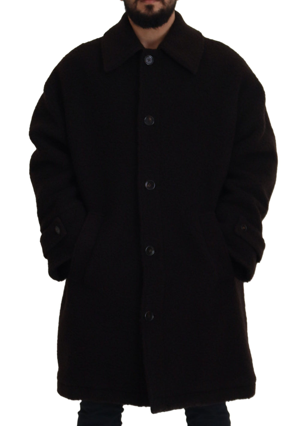 Black Alpaca Button Down Trench Coat Jacket