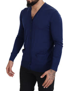 Blue Wool V-neck Button Down Cardigan Sweater