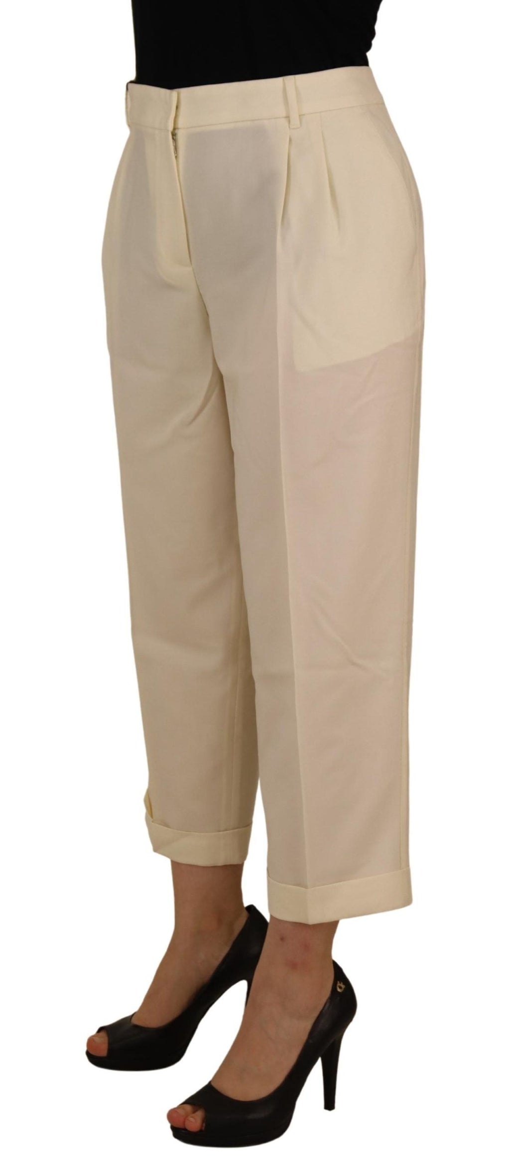 Ivory High Waist Cropped Folded Hem Trousers Pants