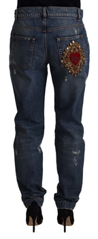 Blue Denim Baroque Heart Logo Patch Pants Jeans