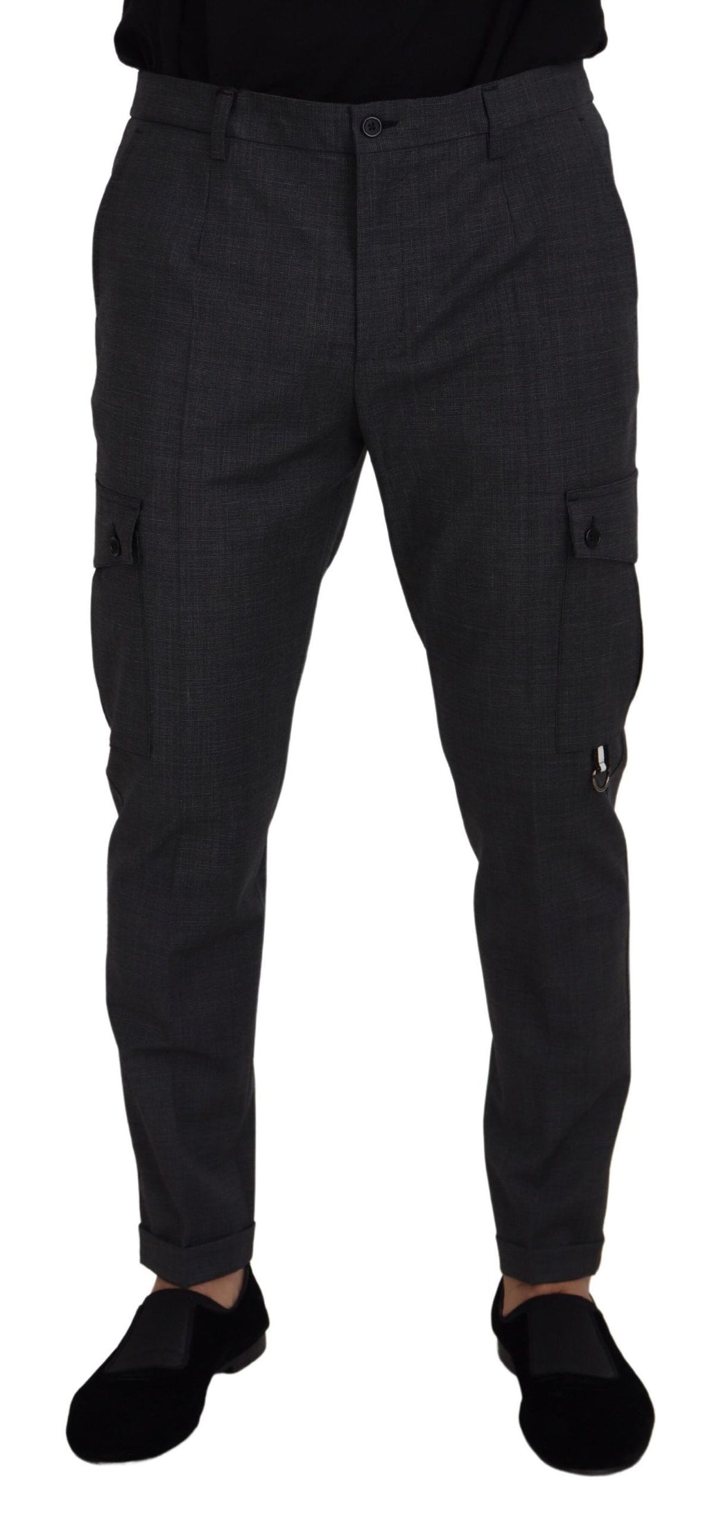 Gray Checked Cargo Trousers Stretch Pants