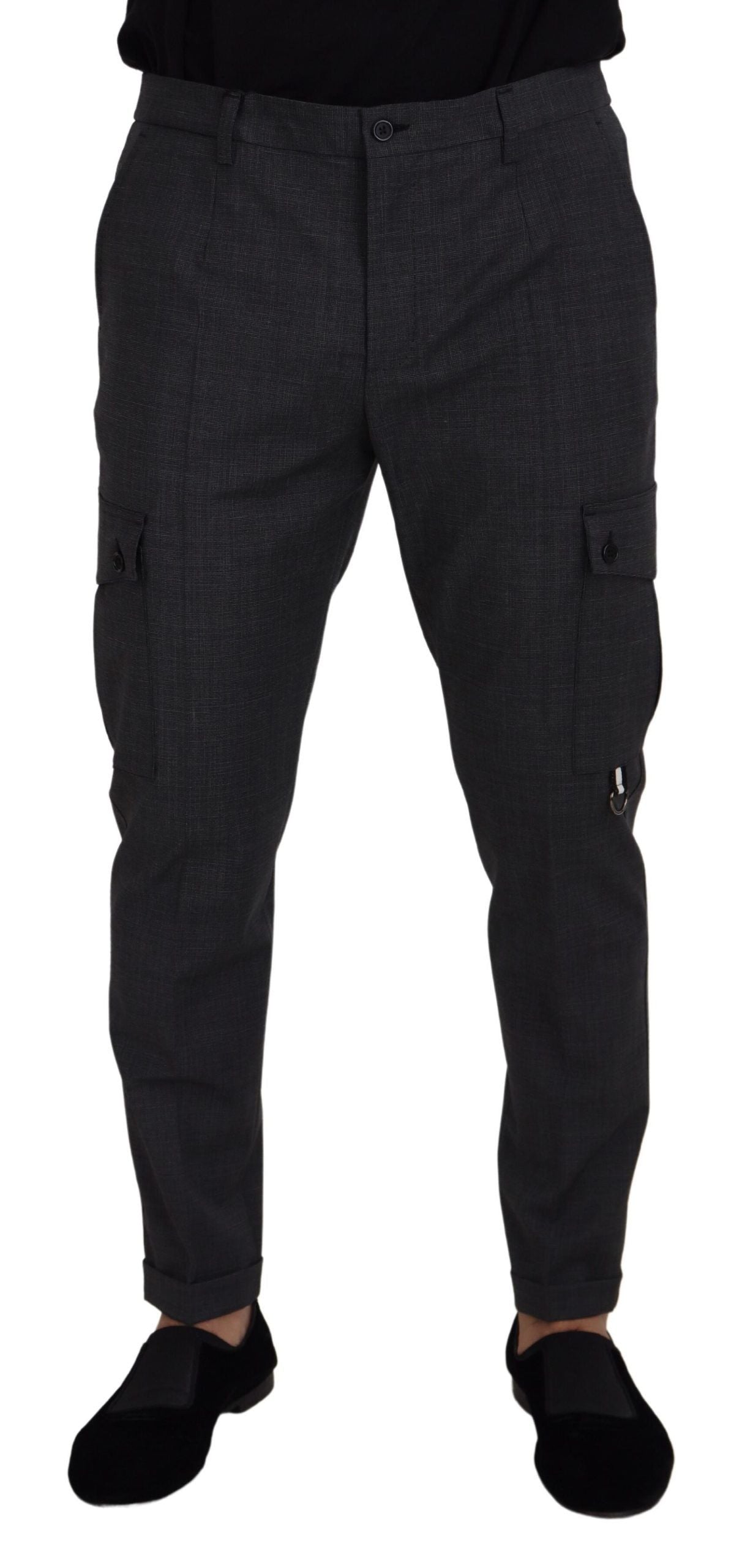 Gray Checked Cargo Trousers Stretch Pants