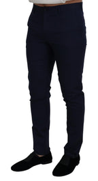 Blue Linen Cotton Slim Trousers Chinos Pants