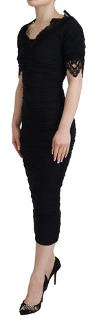 Black Sheath Midi Bodycon Lace Silk Dress