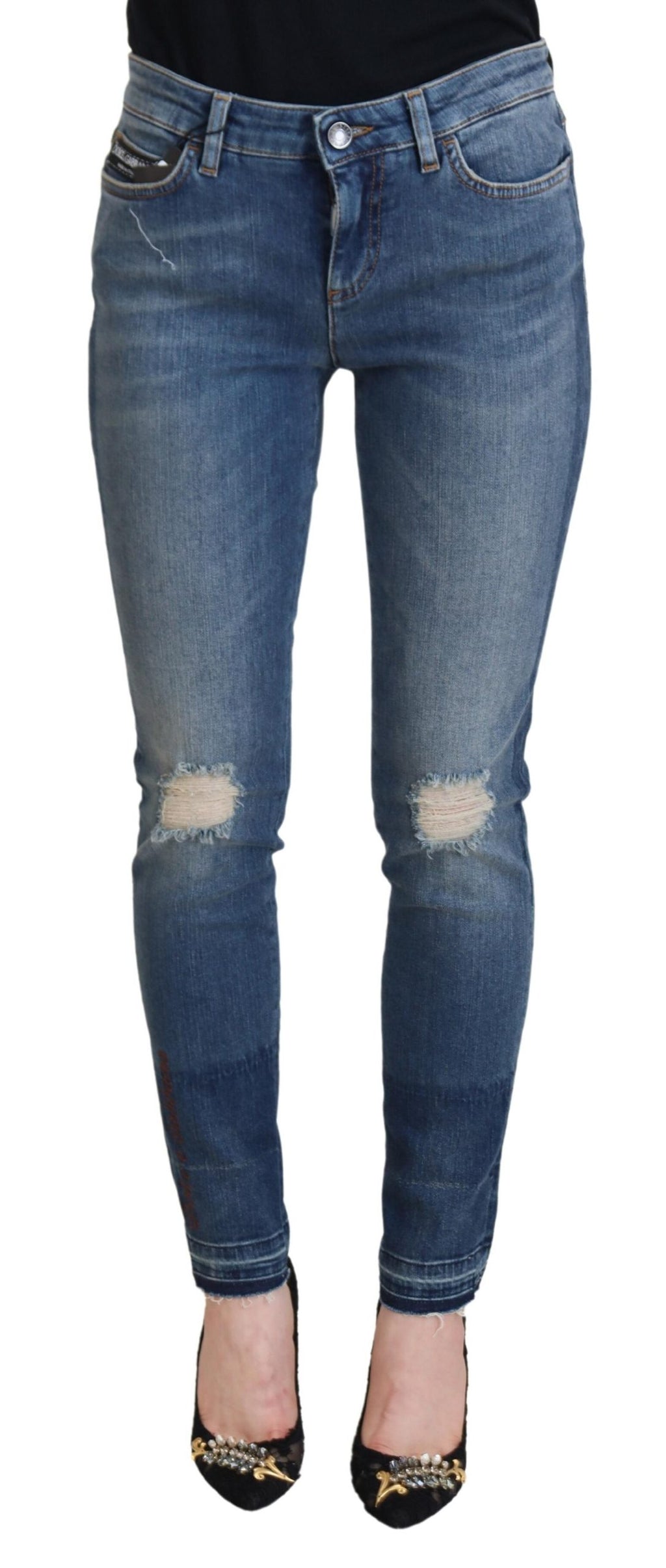 Blue Washed Cotton Tattered Denim Jeans