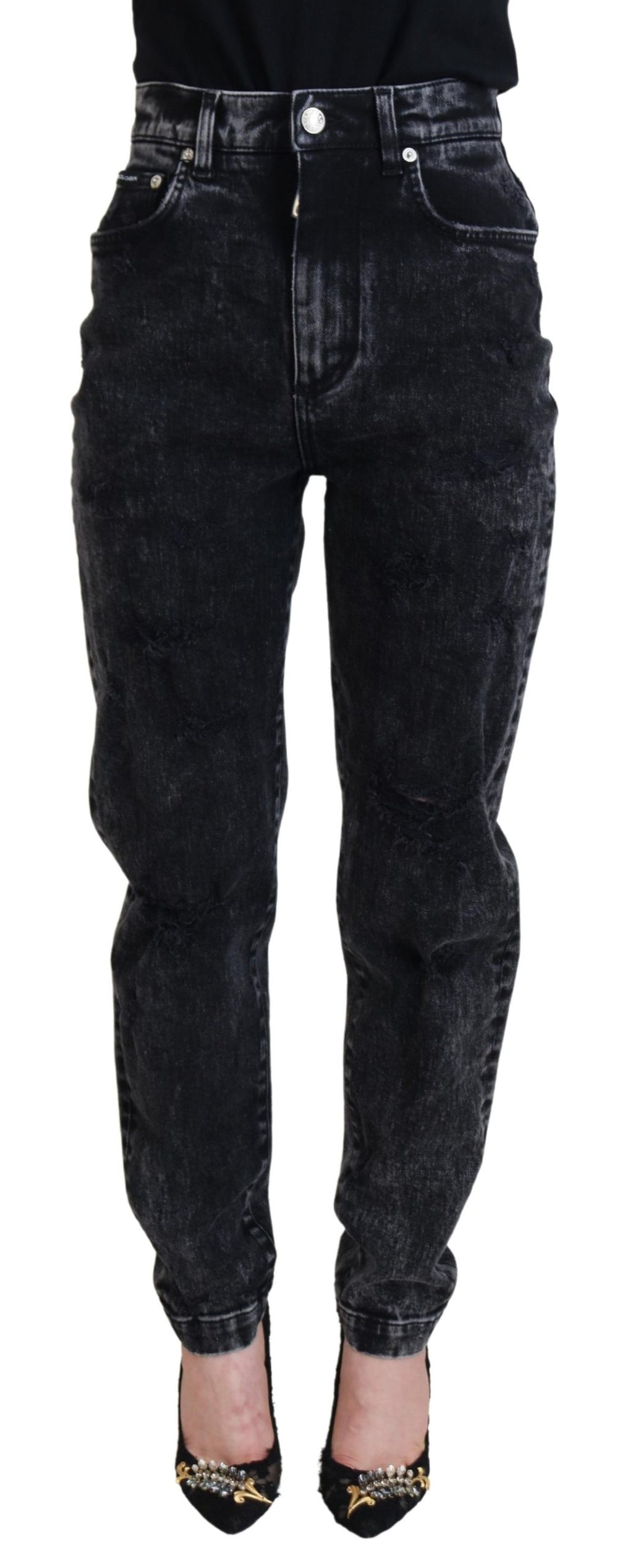 Black Washed Cotton High Waist Denim Jeans