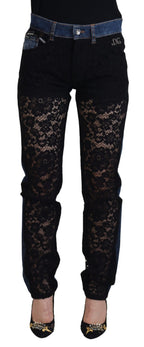 Black Floral Lace Front Skinny Denim Jeans