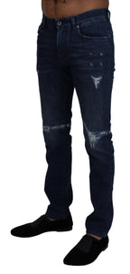 Blue Cotton Skinny Tattered Denim Jeans