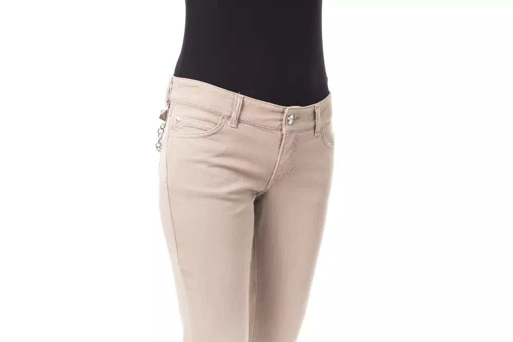 Beige Cotton Women Pant with Back Pocket Chain