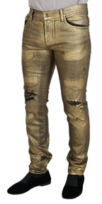 Gold Cotton Tattered Skinny Men Denim Jeans