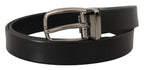 Black Leather Silver Chrome Metal Logo Buckle Belt