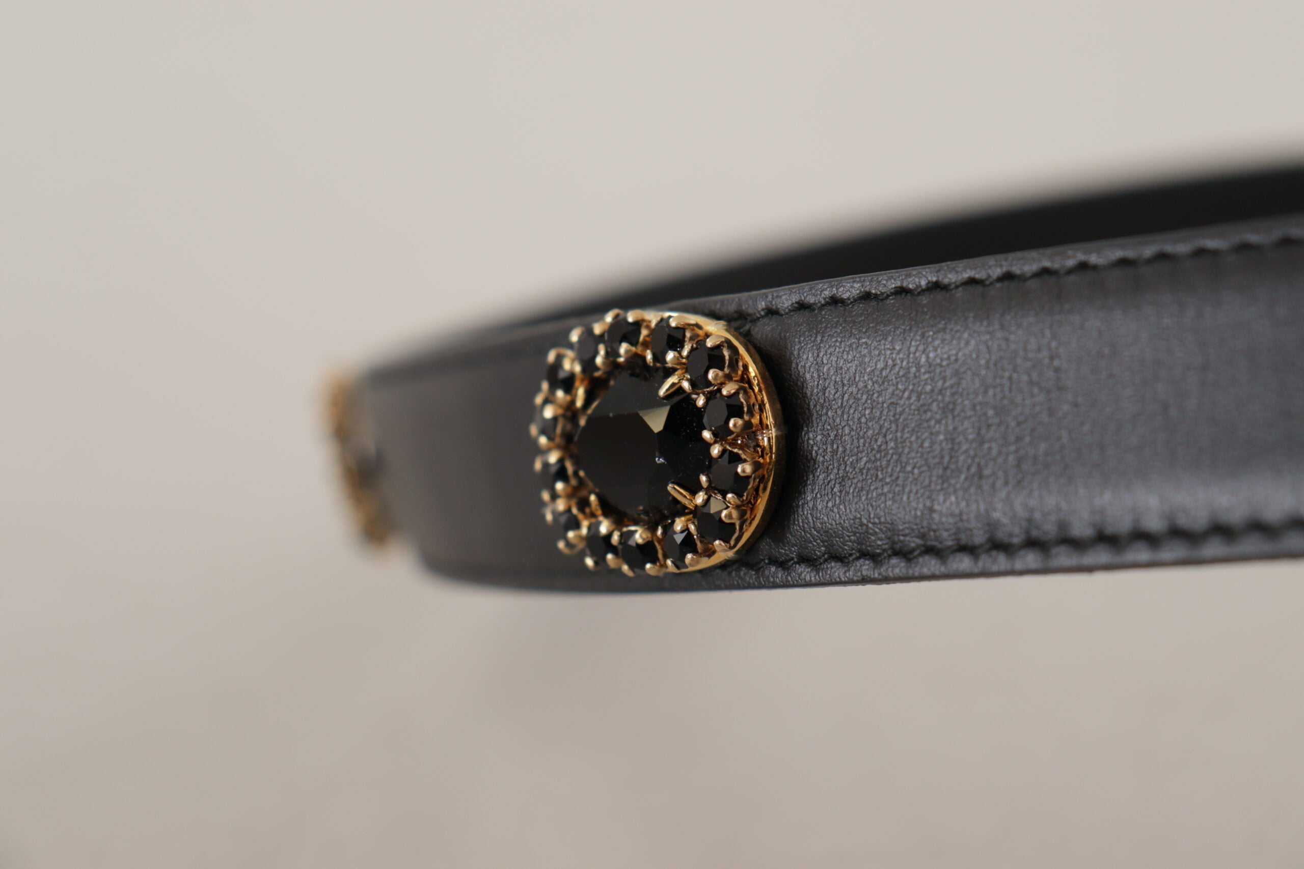 Black Leather Embellished Crystal Logo Belt