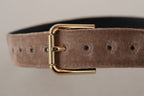 Light Brown Velvet Gold Tone Logo Metal Buckle Belt