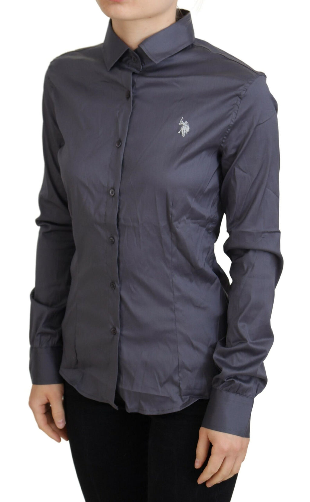 Gray Printed Long Sleeves Collared Top