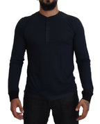 Blue Cotton Button Crewneck Pullover Sweater