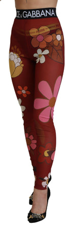 Red Floral Leggings Stretch Waist Pants