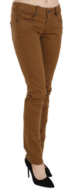 Brown Cotton Mid Waist Skinny Slim Fit Denim Jeans