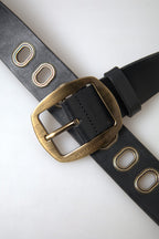 Black Leather Gold Metal Buckle Men Belt