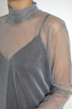 Gray Mesh Turtleneck Long Sleeve Blouse Top