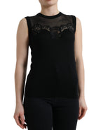 Black Cashmere Lace Trim Sleeveless Tank Top