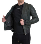 Green Perforated Leather Bomber Jacket