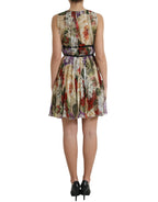 Beige Floral Sleeveless A-line Mini Dress