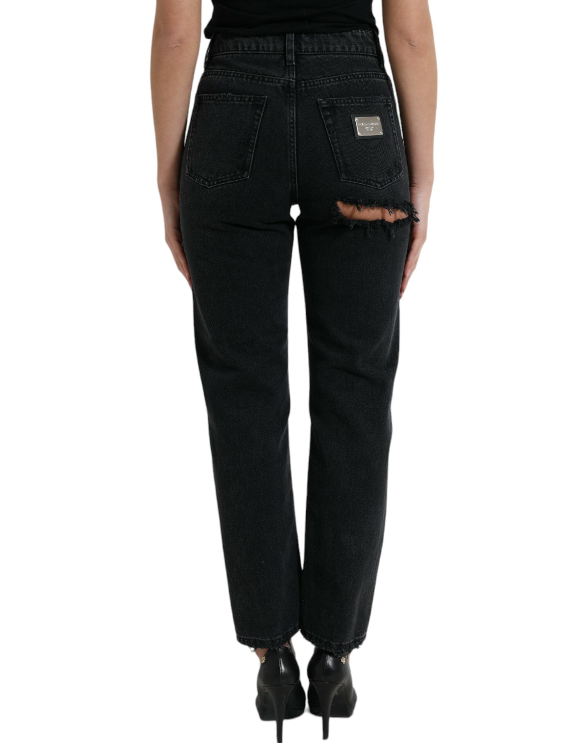 Black Cotton High Waist Tattered Denim Jeans