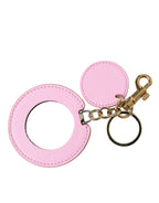 Pink Calf Leather Gold Metal Logo Print Keyring Keychain
