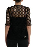 Black Floral Lace Short Sleeves Blouse Top