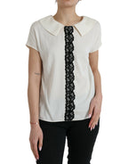 Off White Silk Lace Trim Short Sleeves Top