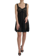 Black Silk Pleated Lace Chiffon Mini Dress