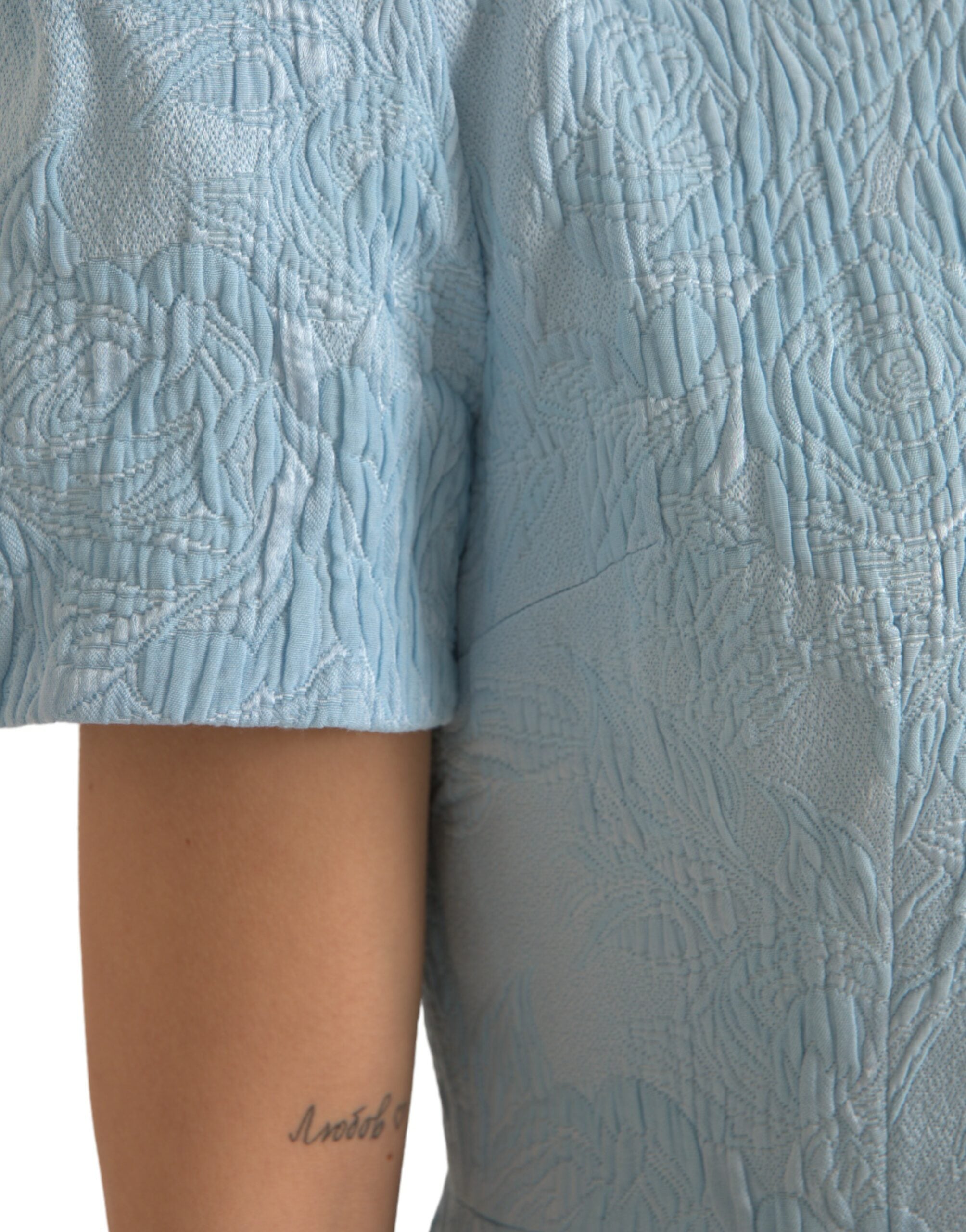 Light Blue Floral Jacquard Puff Sleeve Mini Dress