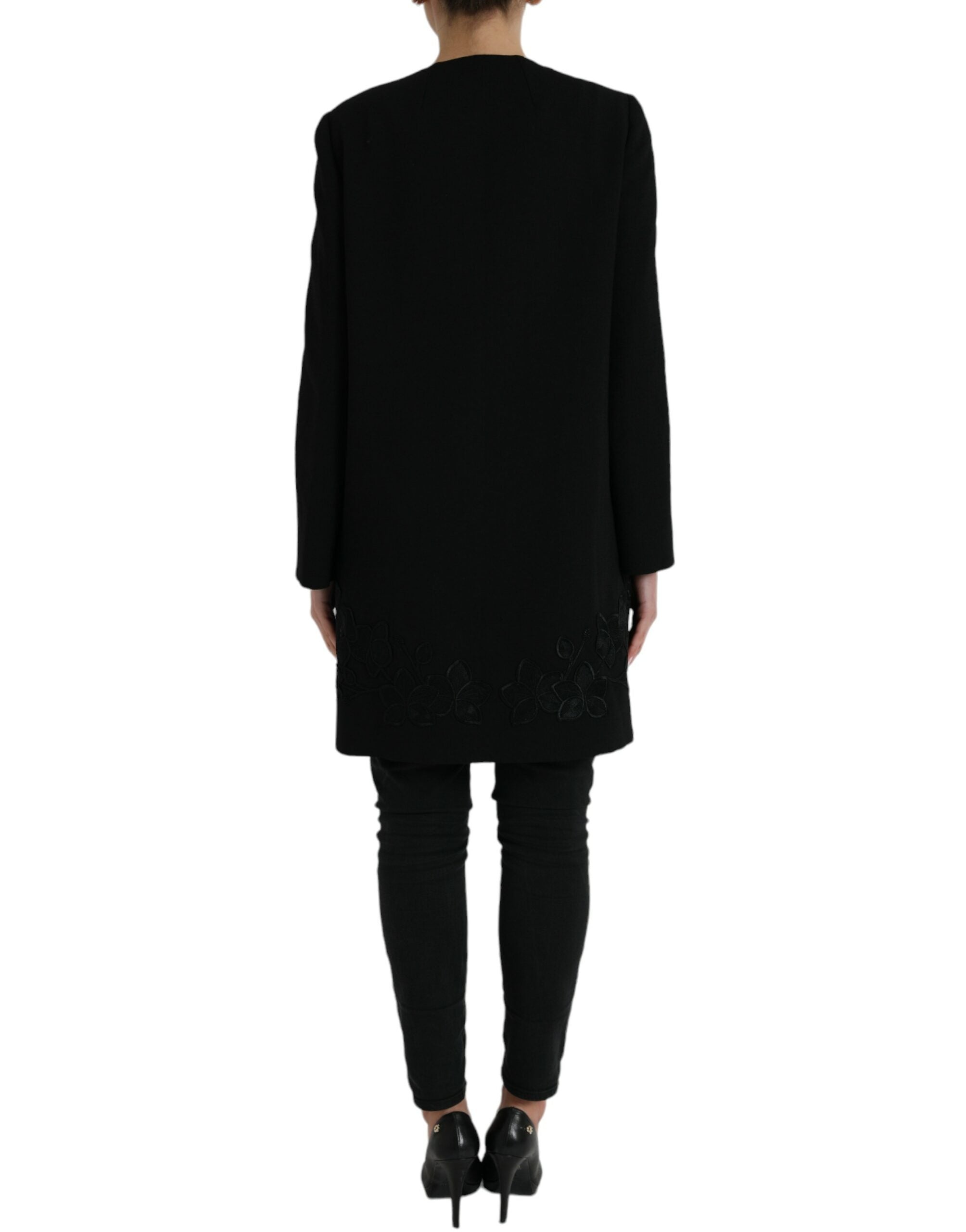 Black Floral Wool Button Embellished Jacket