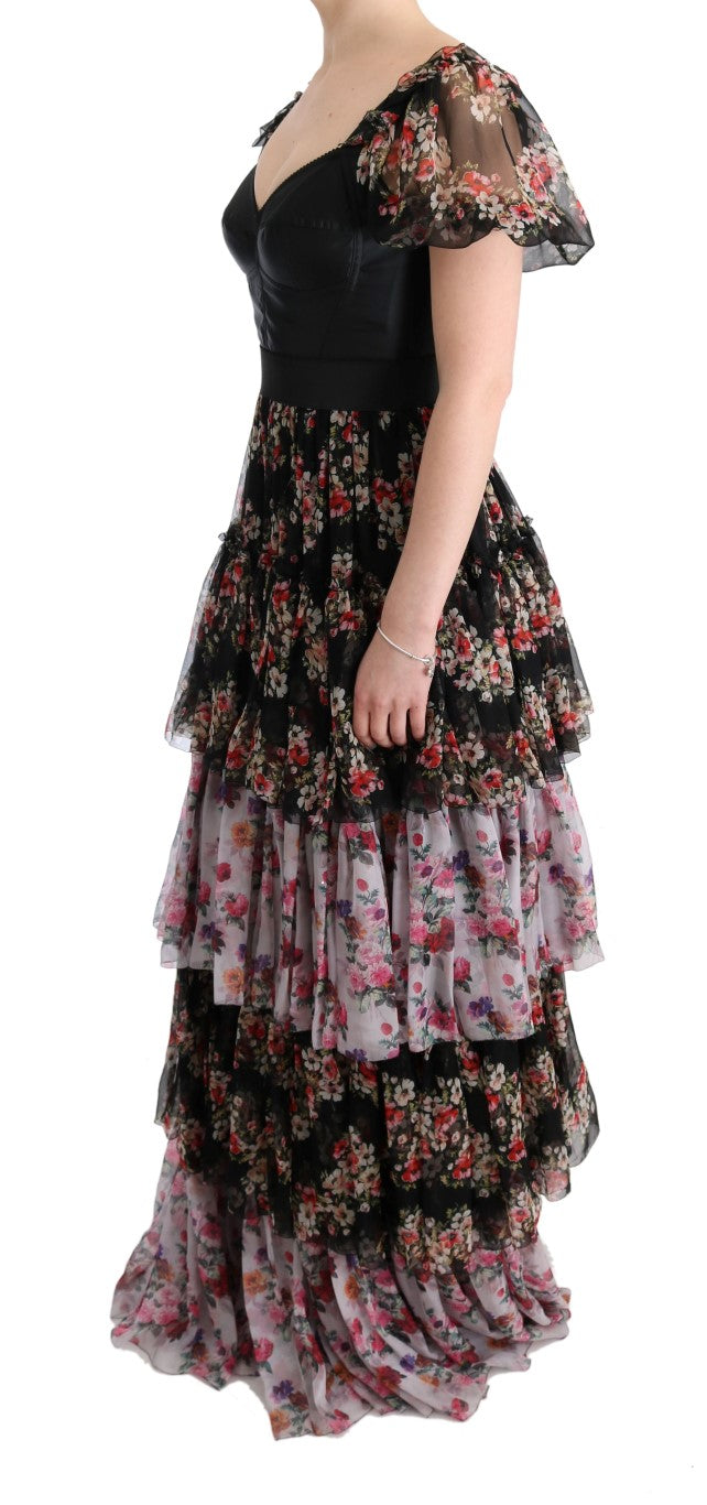 Multicolor Silk Stretch Floral Shift Long Dress