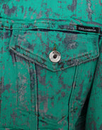 Green Cotton Tie Dye Cropped Cropped Denim Jacket