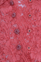 Orange Crystal Buttons Floral Lace Blouse